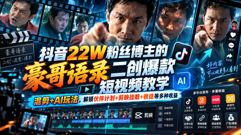抖音22W粉丝博主的豪哥语录二创爆款短视频教学,混剪+AI玩法,解锁伙伴计划+剪映挂载+收徒等多种收益-皮皮网创
