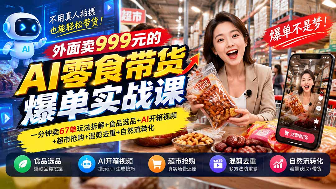 外面卖999元的AI零食带货爆单实战课|一分钟卖67单玩法拆解+食品选品+AI开箱视频+超市抢购+混剪去重+自然流转化-皮皮网创