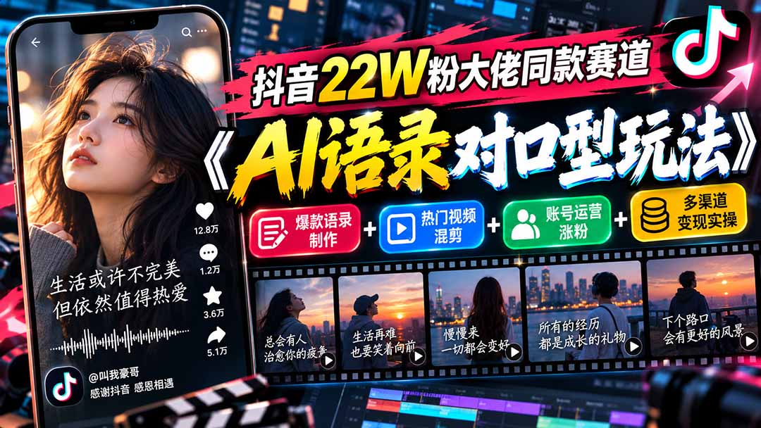 抖音22W粉大佬同款赛道《AI语录对口型玩法》:爆款语录制作+热门视频混剪+账号运营涨粉+多渠道变现实操-皮皮网创