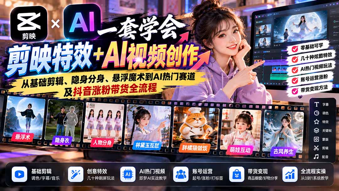 一套学会剪映特效+AI视频创作：从基础剪辑、隐身分身、悬浮魔术到AI热门赛道及抖音涨粉带货全流程-皮皮网创