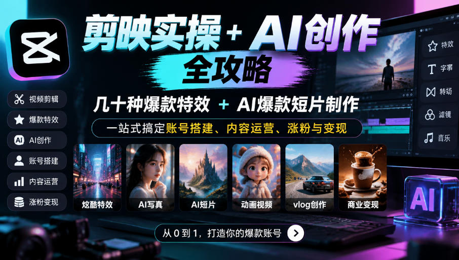 剪映实操+AI创作全攻略｜几十种爆款特效+AI爆款短片制作，一站式搞定账号搭建、内容运营、涨粉与变现-皮皮网创