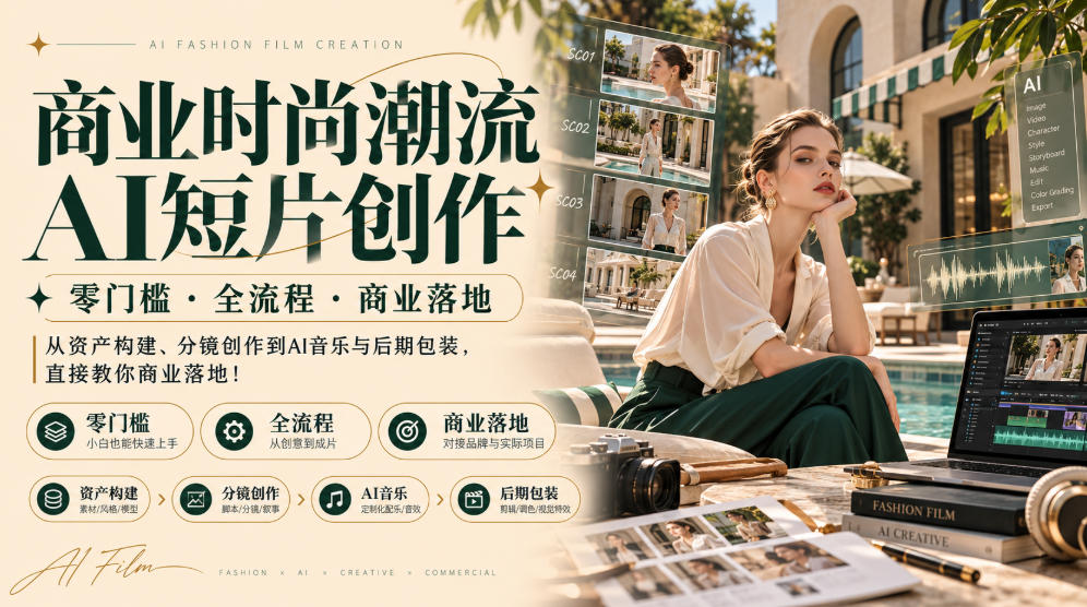 商业时尚潮流AI短片创作｜零门槛・全流程・商业落地，从资产构建、分镜创作到AI音乐与后期包装，直接教你商业落地！-皮皮网创