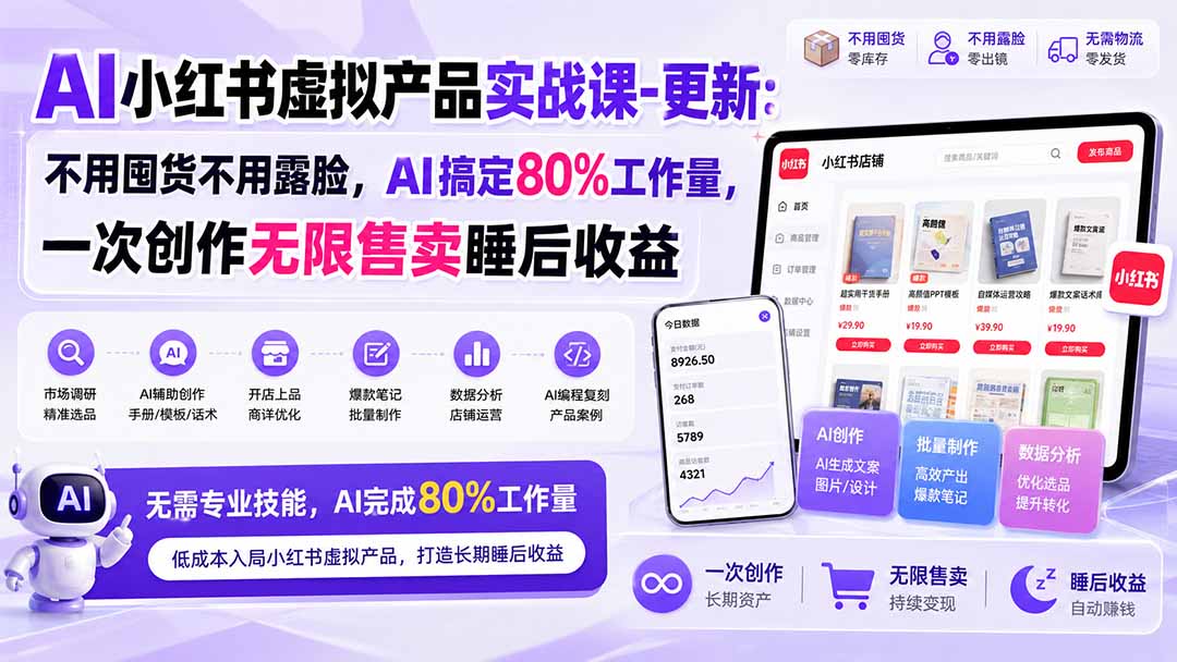AI小红书虚拟产品实战课-更新1017:不用囤货不用露脸,AI搞定80%工作量,一次创作无限售卖睡后收益-皮皮网创