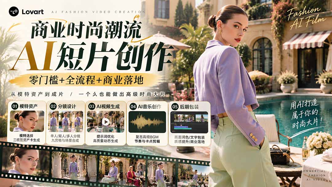从一张模特图到高级时尚广告大片：AI三视图资产、场景合成、电影分镜、动态生成与复古音乐剪辑实战课-皮皮网创