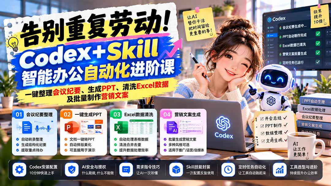 告别重复劳动！Codex+Skill智能办公自动化进阶课：一键整理会议纪要、生成PPT、清洗Excel数据及批量制作营销文案-皮皮网创