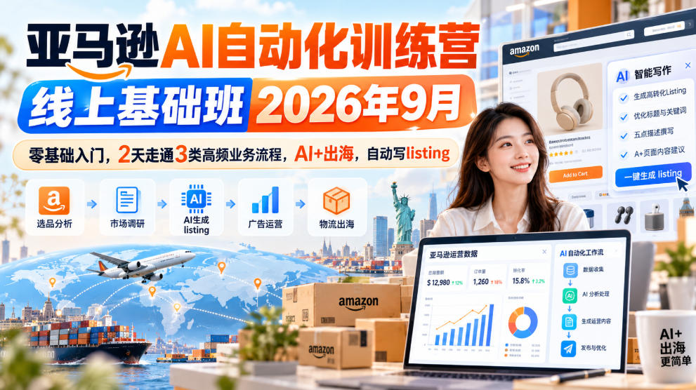 亚马逊AI自动化训练营线上基础班2026年9月，零基础入门，2天走通3类高频业务流程，AI+出海，自动写listing(更新1017)-皮皮网创