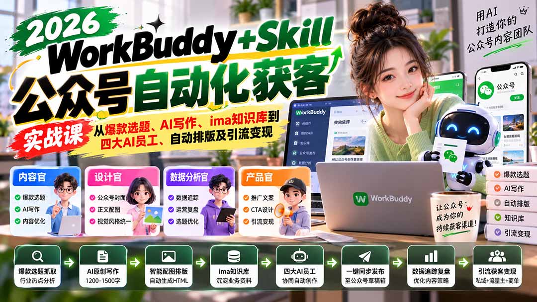 WorkBuddy + Skill公众号自动化获客实战课:从爆款选题、AI写作、ima知识库到四大AI员工、自动排版及引流变现-皮皮网创