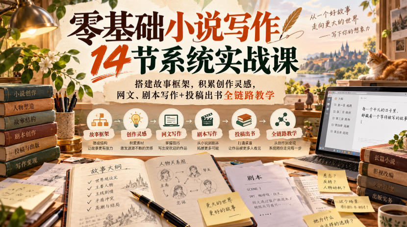 零基础小说写作14节系统实战课,搭建故事框架,积累创作灵感,网文、剧本写作+投稿出书全链路教学-皮皮网创