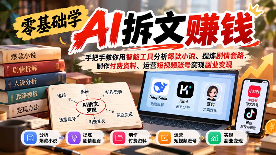 零基础学AI拆文赚钱：手把手教你用智能工具分析爆款小说、提炼剧情套路、制作付费资料、运营短视频账号实现副业变现-皮皮网创