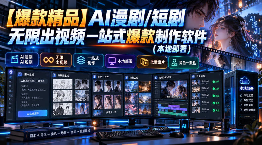 【爆款精品】AI漫剧/短剧无限出视频一站式爆款制作软件(本地部署)-皮皮网创