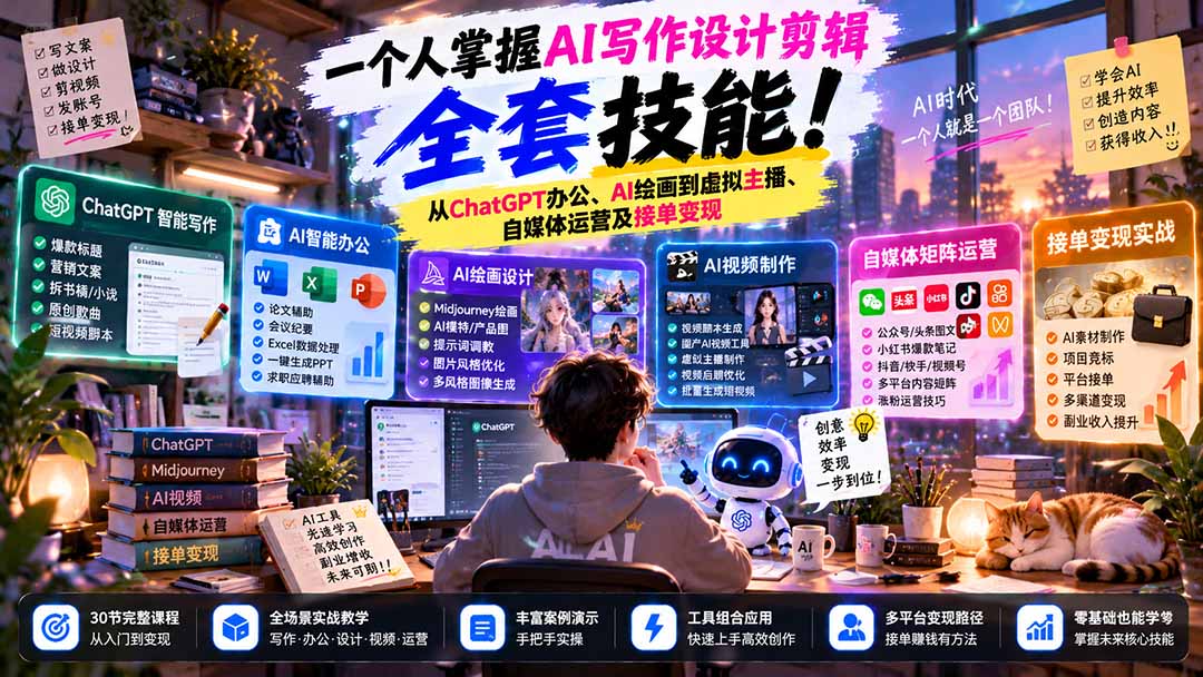 一个人掌握AI写作设计剪辑全套技能：从ChatGPT办公、AI绘画到虚拟主播、自媒体运营及接单变现-皮皮网创