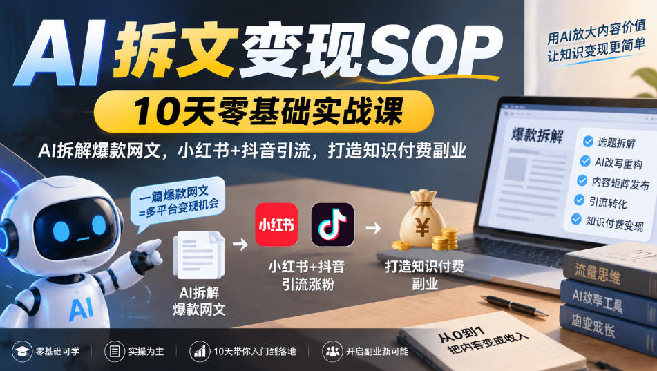 AI拆文变现SOP|10天零基础实战课,AI拆解爆款网文,小红书+抖音引流,打造知识付费副业-皮皮网创