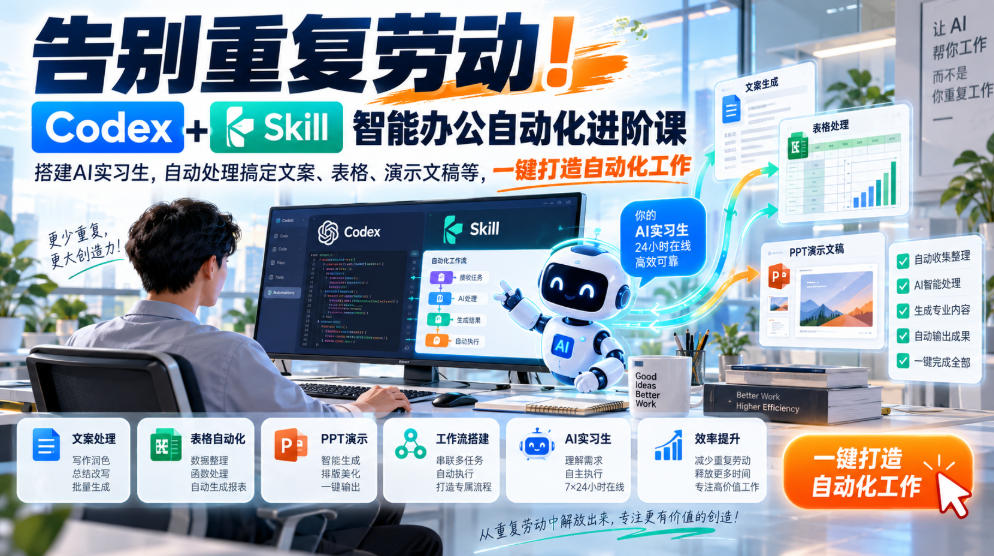 告别重复劳动！Codex+Skill智能办公自动化进阶课｜搭建AI实习生，自动处理搞定文案、表格、演示文稿等，一键打造自动化工作-皮皮网创