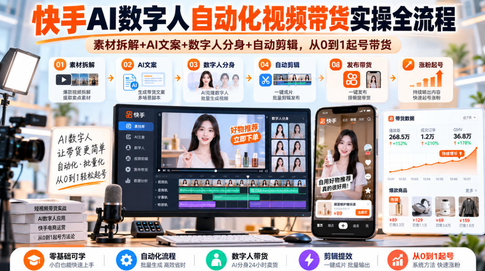 快手AI数字人自动化视频带货实操全流程|素材拆解+AI文案+数字人分身+自动剪辑,从0到1起号带货(更新26年)-皮皮网创