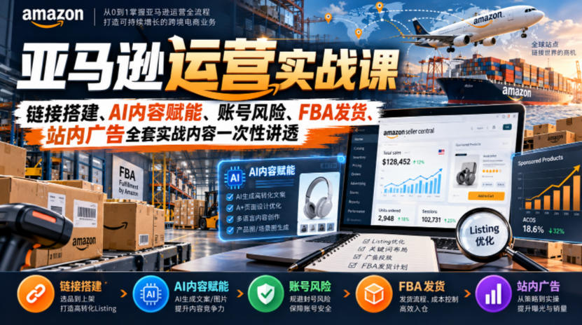 亚马逊运营实战课,链接搭建、AI内容赋能、账号风险、FBA发货、站内广告全套实战内容一次性讲透-皮皮网创