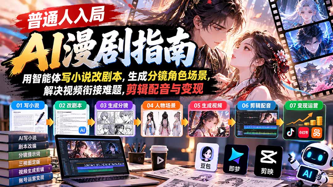 【无水印】普通人入局AI漫剧指南：用智能体写小说改剧本，生成分镜角色场景，解决视频衔接难题，剪辑配音与变现-皮皮网创