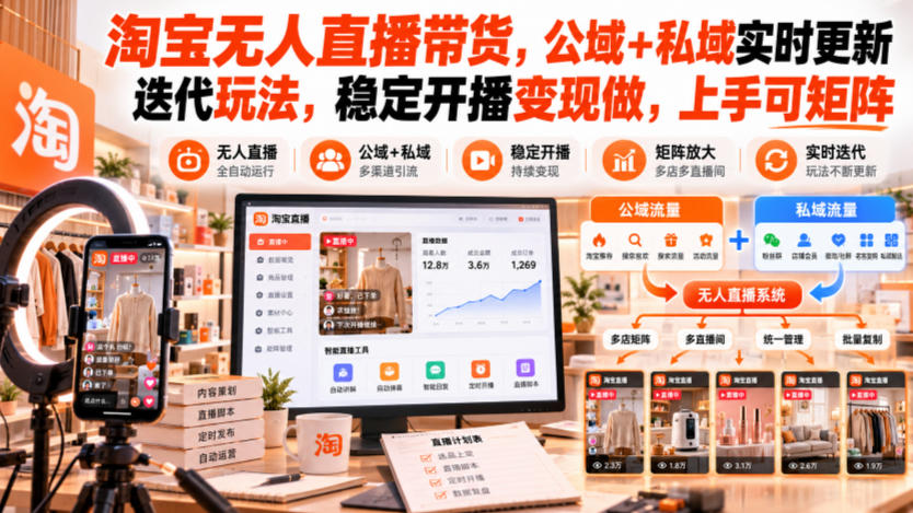 淘宝无人直播带货，公域+私域实时更新迭代玩法，稳定开播变现做，上手可矩阵【揭秘】-皮皮网创