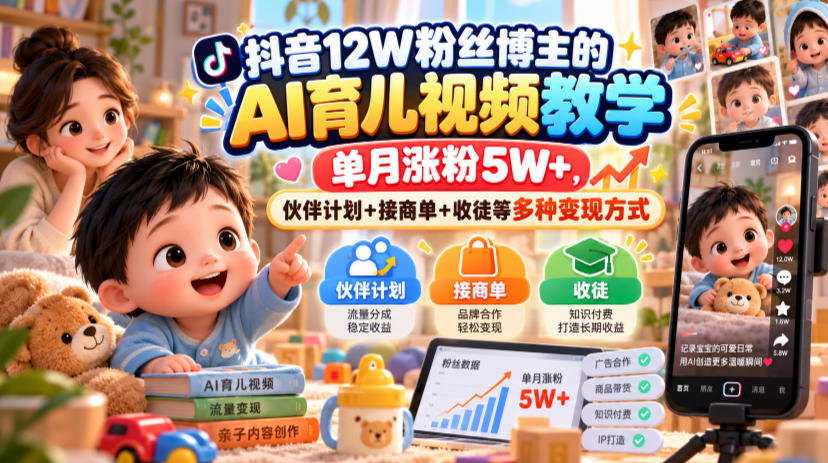 抖音12W粉丝博主的AI育儿视频教学,单月涨粉5W+,伙伴计划+接商单+收徒等多种变现方式-皮皮网创
