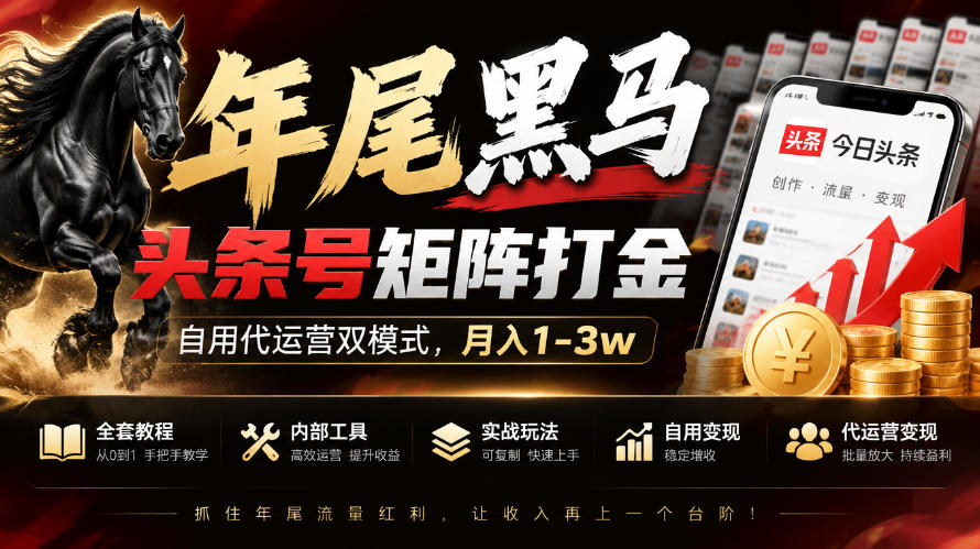 【年尾黑马】头条号矩阵打金,自用代运营双模式,月入1-3w,附全套教程及内部工具【揭秘】-皮皮网创