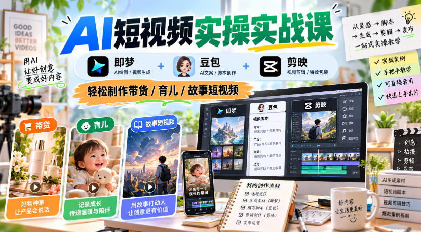 AI短视频实操实战课，即梦+豆包+剪映，轻松制作带货/育儿/故事短视频-皮皮网创