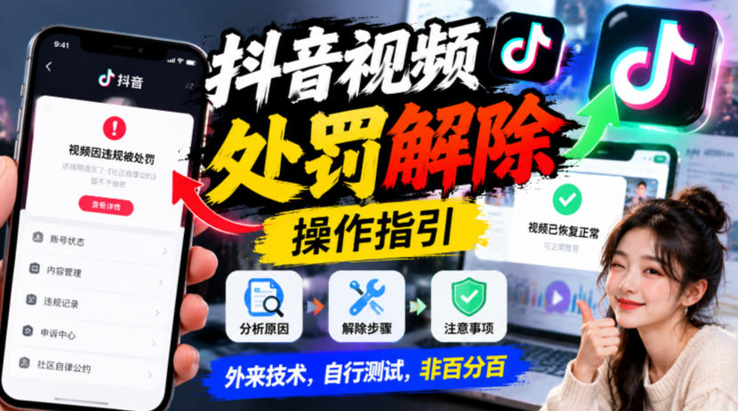 抖音视频处罚解除操作指引，外来技术，自行测试，非百分百-皮皮网创