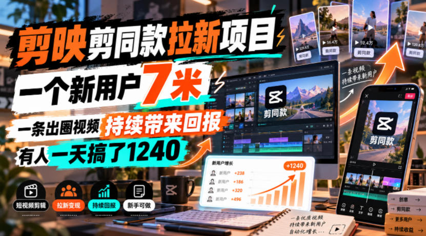 剪映剪同款拉新项目，一个新用户7米，一条出圈视频持续带来回报，有人一天搞了1240-皮皮网创