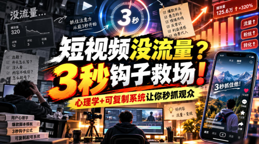 【无水印】短视频没流量?3秒钩子救场!心理学+可复制系统让你秒抓观众【原创双语字幕】-皮皮网创