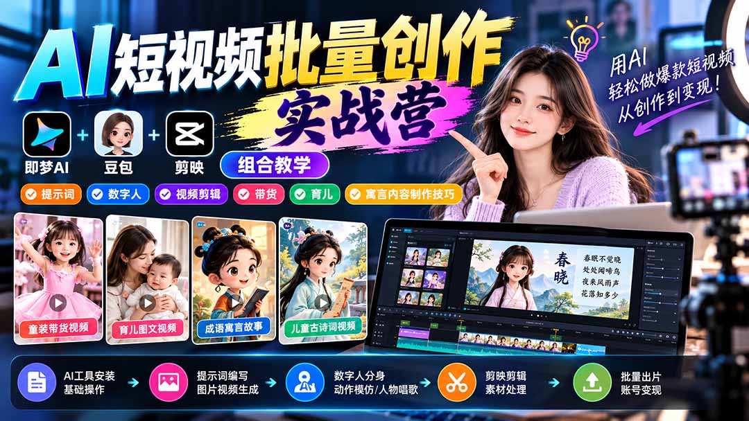 【无水印】AI短视频批量创作实战营:即梦+豆包+剪映组合教学,提示词/数字人/视频剪辑/带货/育儿/寓言内容制作技巧-皮皮网创