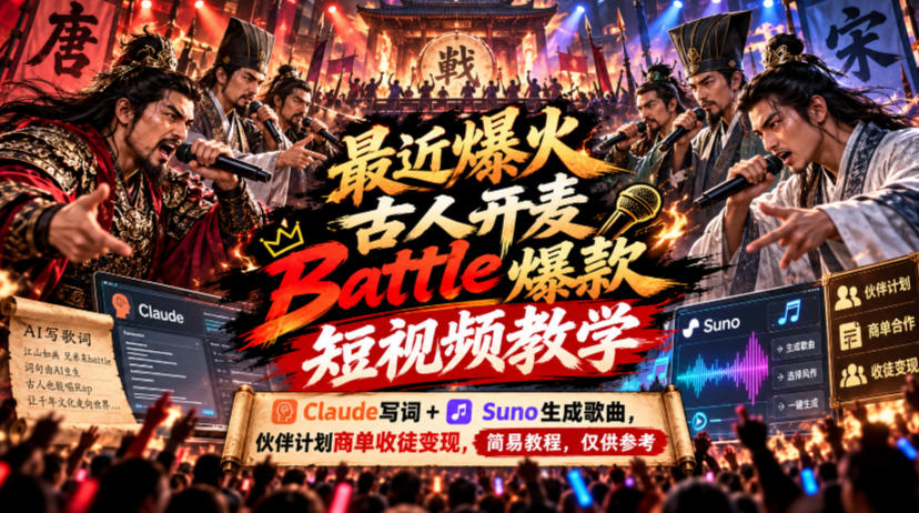 最近爆火古人开麦Battle爆款短视频教学,Claude写词+Suno生成歌曲,伙伴计划商单收徒变现,简易教程,仅供参考-皮皮网创