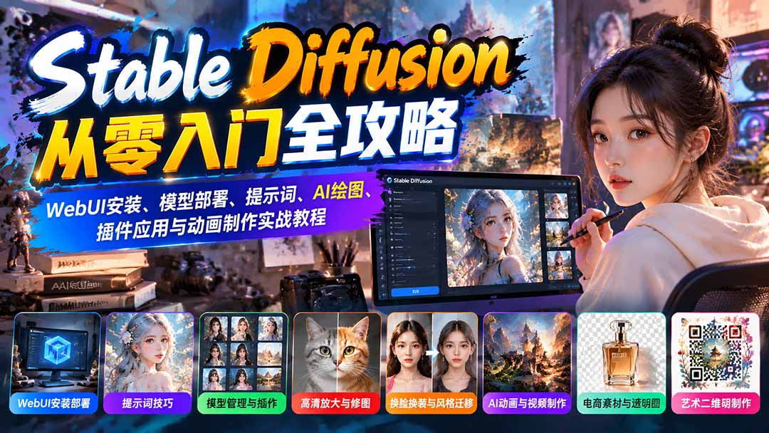 Stable Diffusion从零入门全攻略：WebUI安装、模型部署、提示词、AI绘图、插件应用与动画制作实战教程-皮皮网创