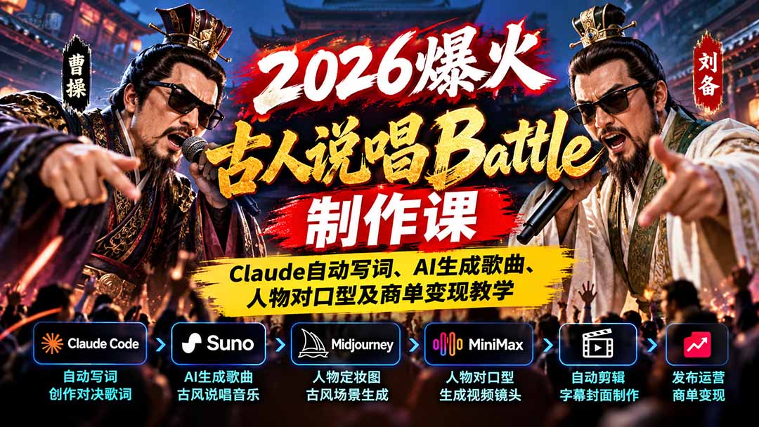 2026爆火古人说唱Battle制作课:Claude自动写词、AI生成歌曲、人物对口型及商单变现教学-皮皮网创