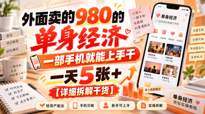 外面卖的980的单身经济,一部手机就能上手干,一天5张+【详细拆解干货】-皮皮网创