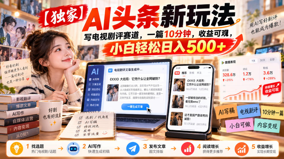 【独家】AI头条新玩法,写电视剧评赛道,一篇10分钟,收益可观,小白轻松日入500+-皮皮网创