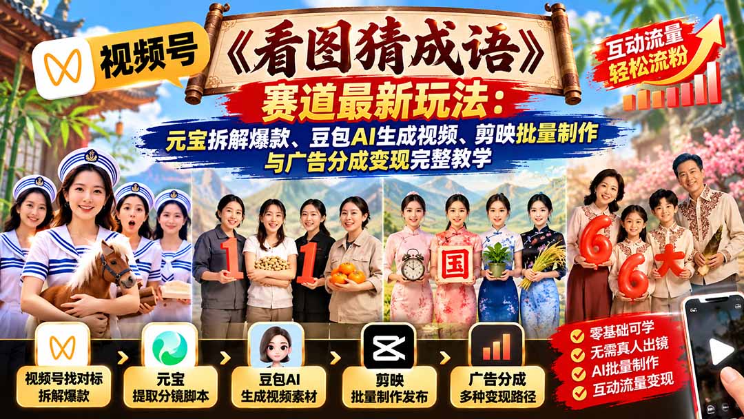 视频号《看图猜成语》赛道最新玩法:元宝拆解爆款、豆包AI生成视频、剪映批量制作与广告分成变现完整教学-皮皮网创