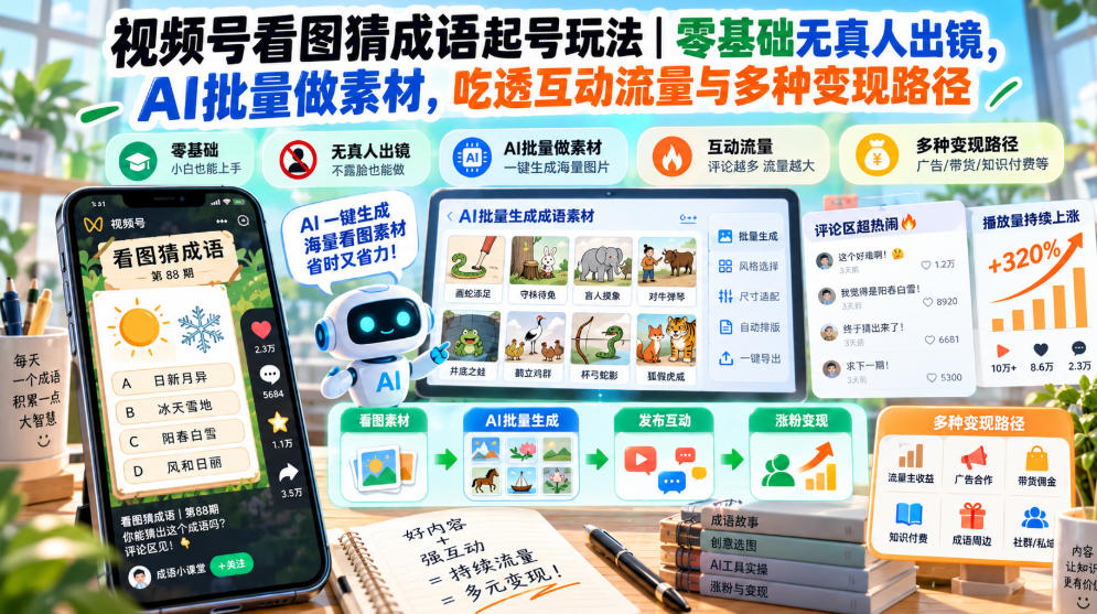 视频号看图猜成语起号玩法|零基础无真人出镜,AI批量做素材,吃透互动流量与多种变现路径-皮皮网创