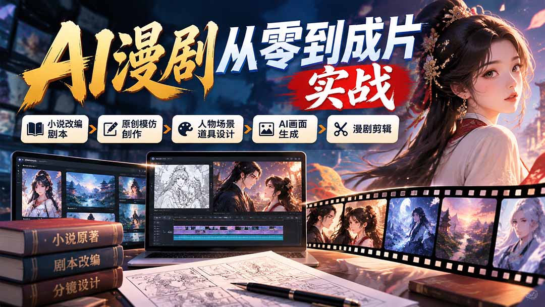AI漫剧从零到成片实战:小说改编剧本、原创模仿创作、人物场景道具设计、AI画面生成与漫剧剪辑-皮皮网创