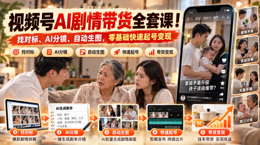 视频号AI剧情带货全套课!找对标、AI分镜、自动生图,零基础快速起号变现-皮皮网创