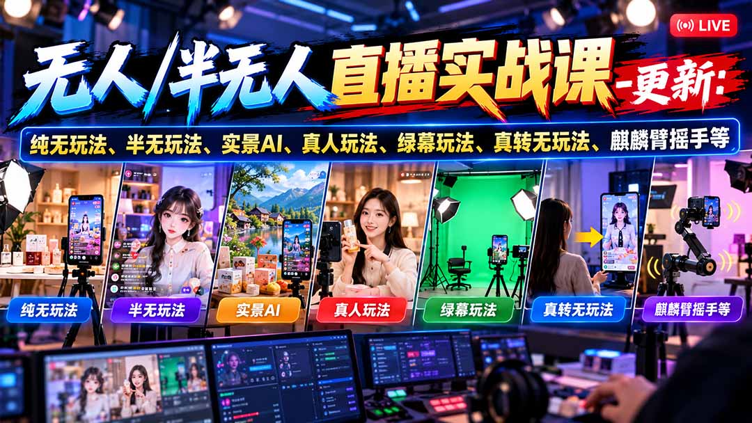 无人/半无人直播实战课-10月20更新:纯无玩法、半无玩法、实景AI、真人玩法、绿幕玩法、真转无玩法、麒麟臂摇手等-皮皮网创
