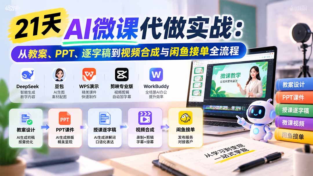 21天AI微课代做实战:从教案、PPT、逐字稿到视频合成与闲鱼接单全流程-皮皮网创