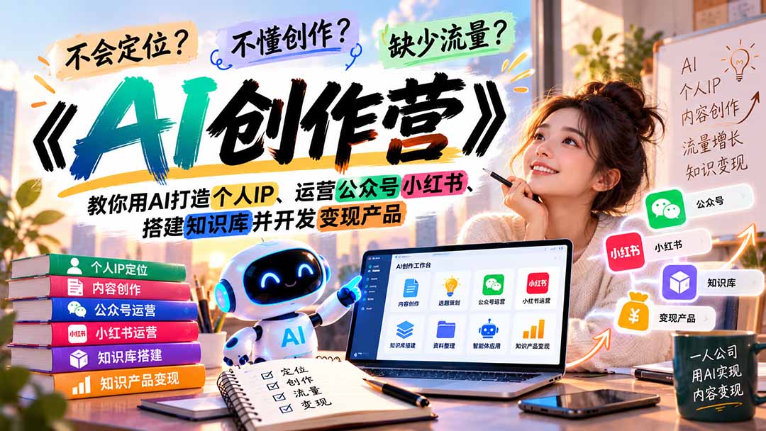 不会定位、不懂创作、缺少流量?《AI创作营》教你用AI打造个人IP、运营公众号小红书、搭建知识库并开发变现产品-皮皮网创