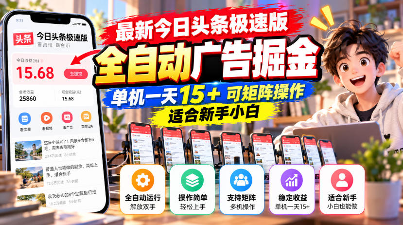 最新今日头条极速版全自动广告掘金,单机一天15+可矩阵操作适合新手小白-皮皮网创