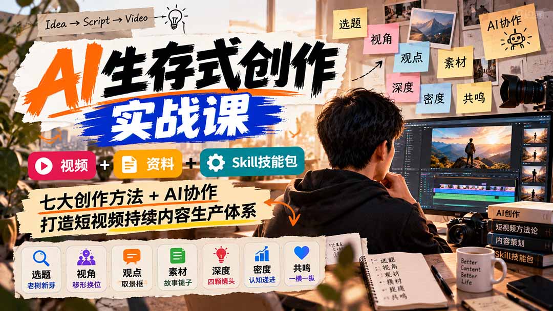 AI生存式创作实战课:视频+资料+Skill技能包,七大创作方法+AI协作,打造短视频持续内容生产体系-皮皮网创