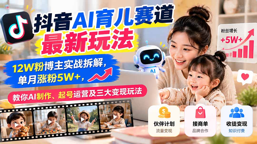 抖音AI育儿赛道最新玩法:12W粉博主实战拆解,单月涨粉5W+,教你AI制作、起号运营及三大变现玩法-皮皮网创