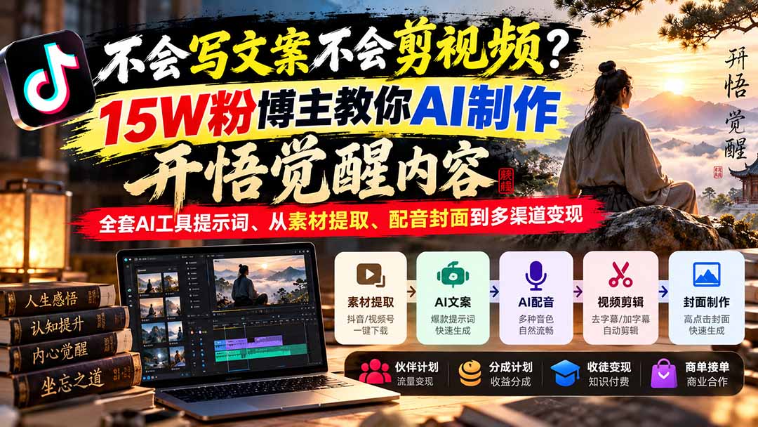 不会写文案不会剪视频？15W粉博主教你AI制作开悟觉醒内容，全套AI工具提示词、从素材提取、配音封面到多渠道变现-皮皮网创