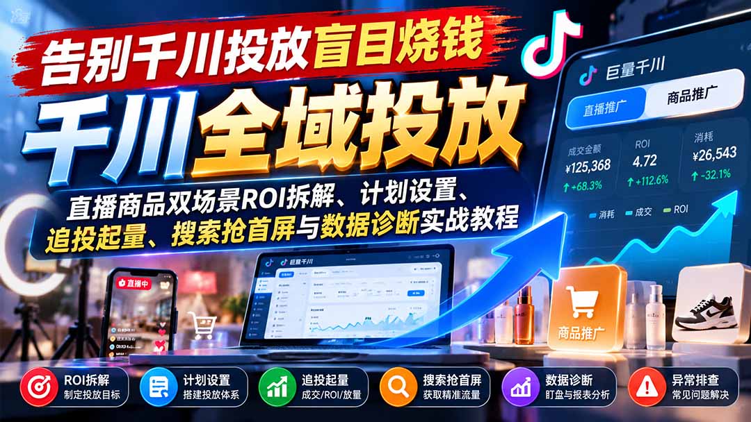 告别千川投放盲目烧钱:直播商品双场景ROI拆解、计划设置、追投起量、搜索抢首屏与数据诊断实战教程-皮皮网创