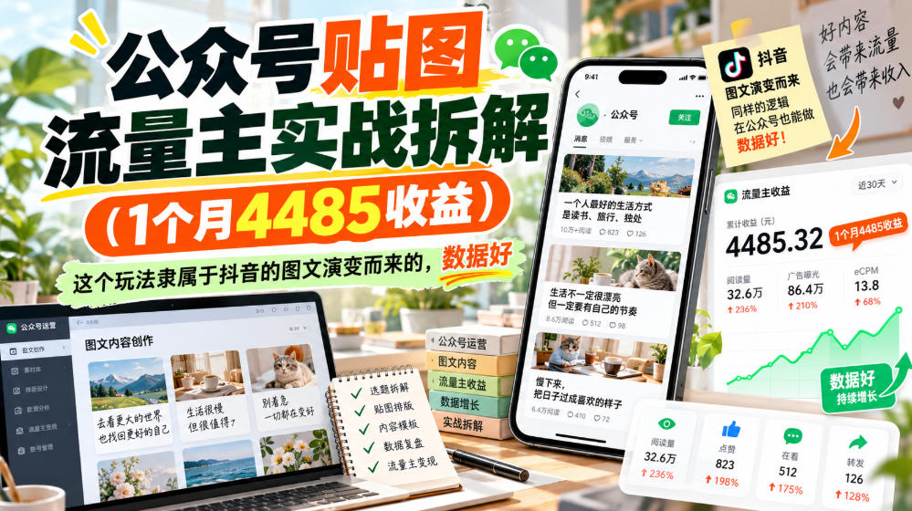 公众号贴图流量主实战拆解(1个月4485收益),这个玩法隶属于抖音的图文演变而来的,数据好-皮皮网创