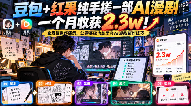 豆包+红果纯手搓一部AI漫剧一个月收获2.3w！全流程操作演示，让零基础也能学会AI漫剧制作技巧-皮皮网创