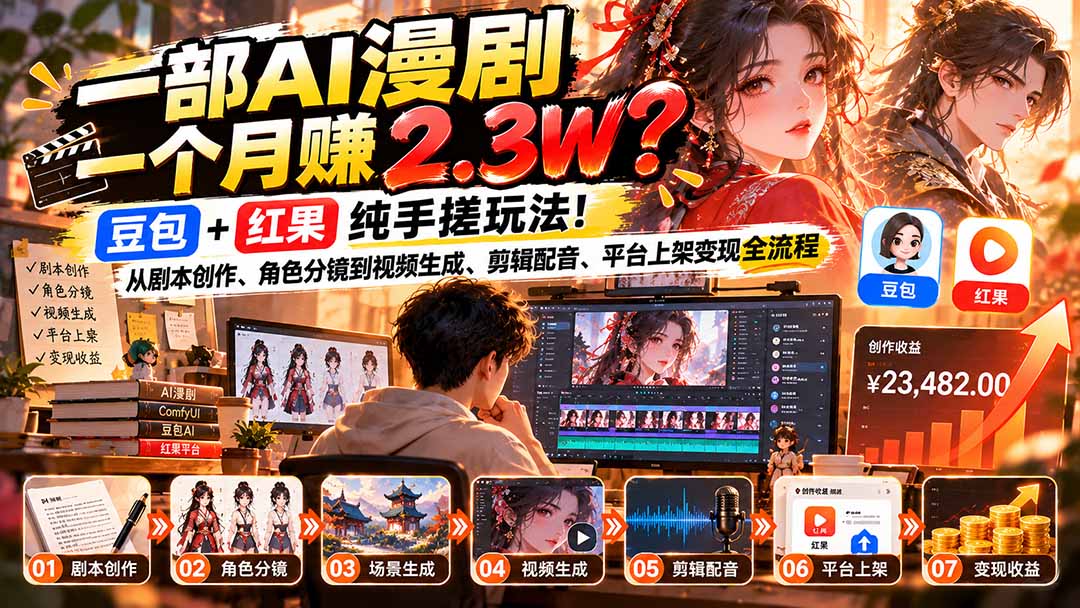 一部AI漫剧一个月赚2.3W?豆包+红果纯手搓玩法!从剧本创作、角色分镜到视频生成、剪辑配音、平台上架变现全流程-皮皮网创