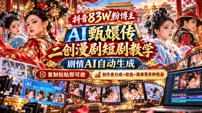 抖音83W粉博主AI甄嬛传二创漫剧短剧教学｜剧情AI自动生成，复制粘贴即可做，各大平台创作者分成+收徒等多种收益-皮皮网创