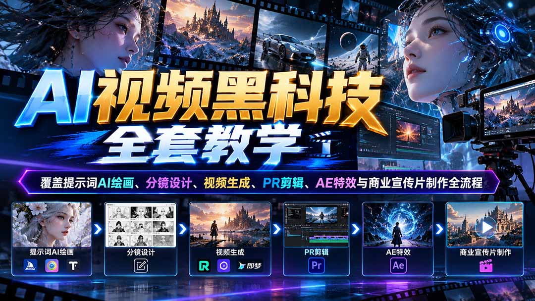 AI视频黑科技全套教学：覆盖提示词AI绘画、分镜设计、视频生成、PR剪辑、AE特效与商业宣传片制作全流程-皮皮网创